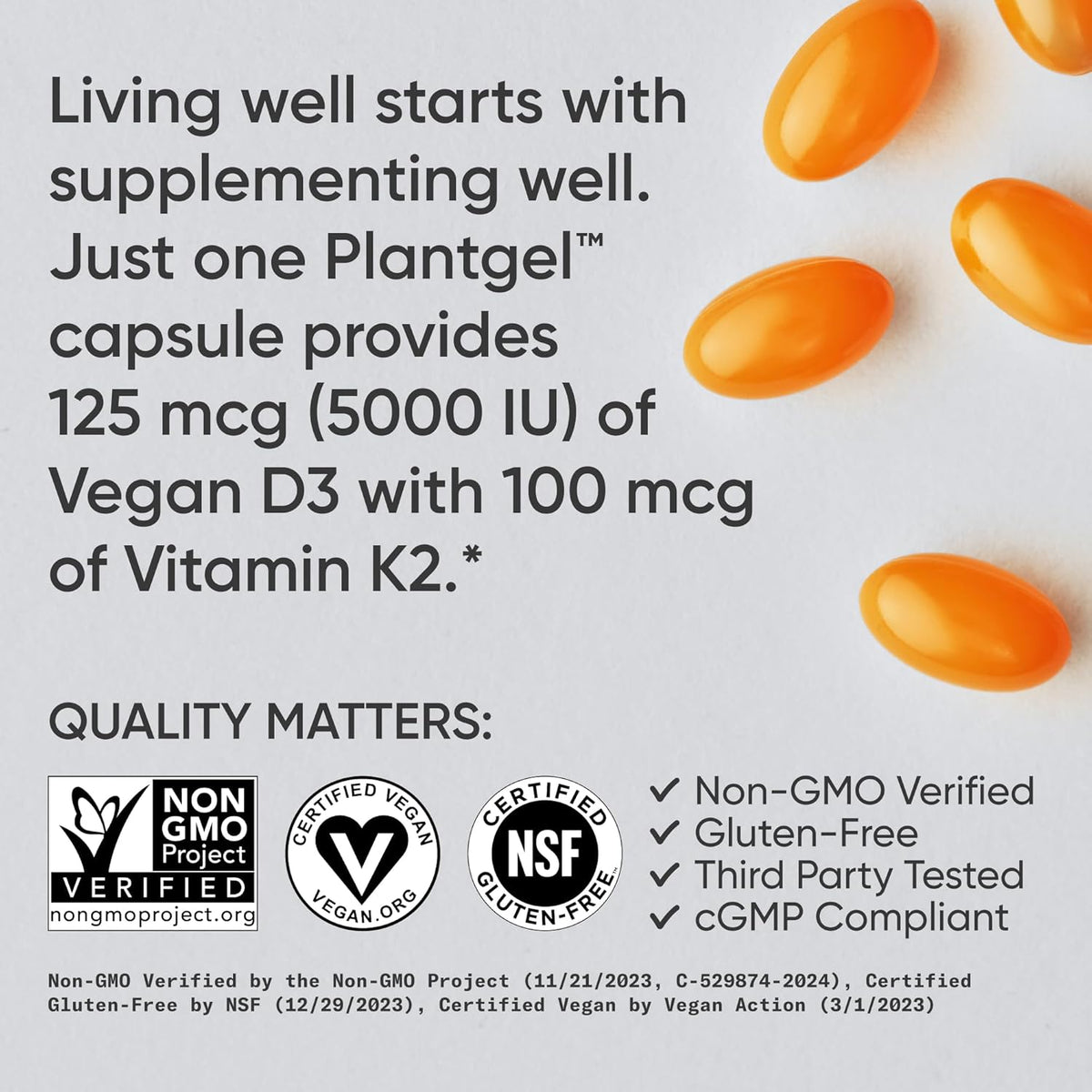 Orange capsules with text about Plantgel capsules providing Vitamin D3 and Vitamin K2, and certification logos.