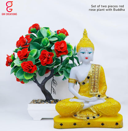 Gautam Buddha Statue for Spiritual Home Gautam Buddha Statue for Spiritual Home Handicrafts Sitting Buddha Idol Statue Showpiece with Artificial Plant (Golden Buddha & Japanese Red Rose)