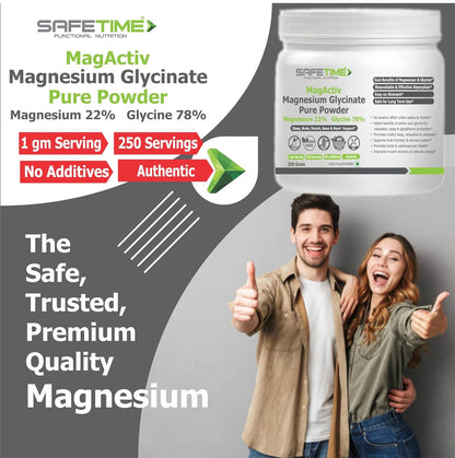 Advertisement for SafeTime Magnesium Glycinate Pure Powder with a couple giving thumbs up.