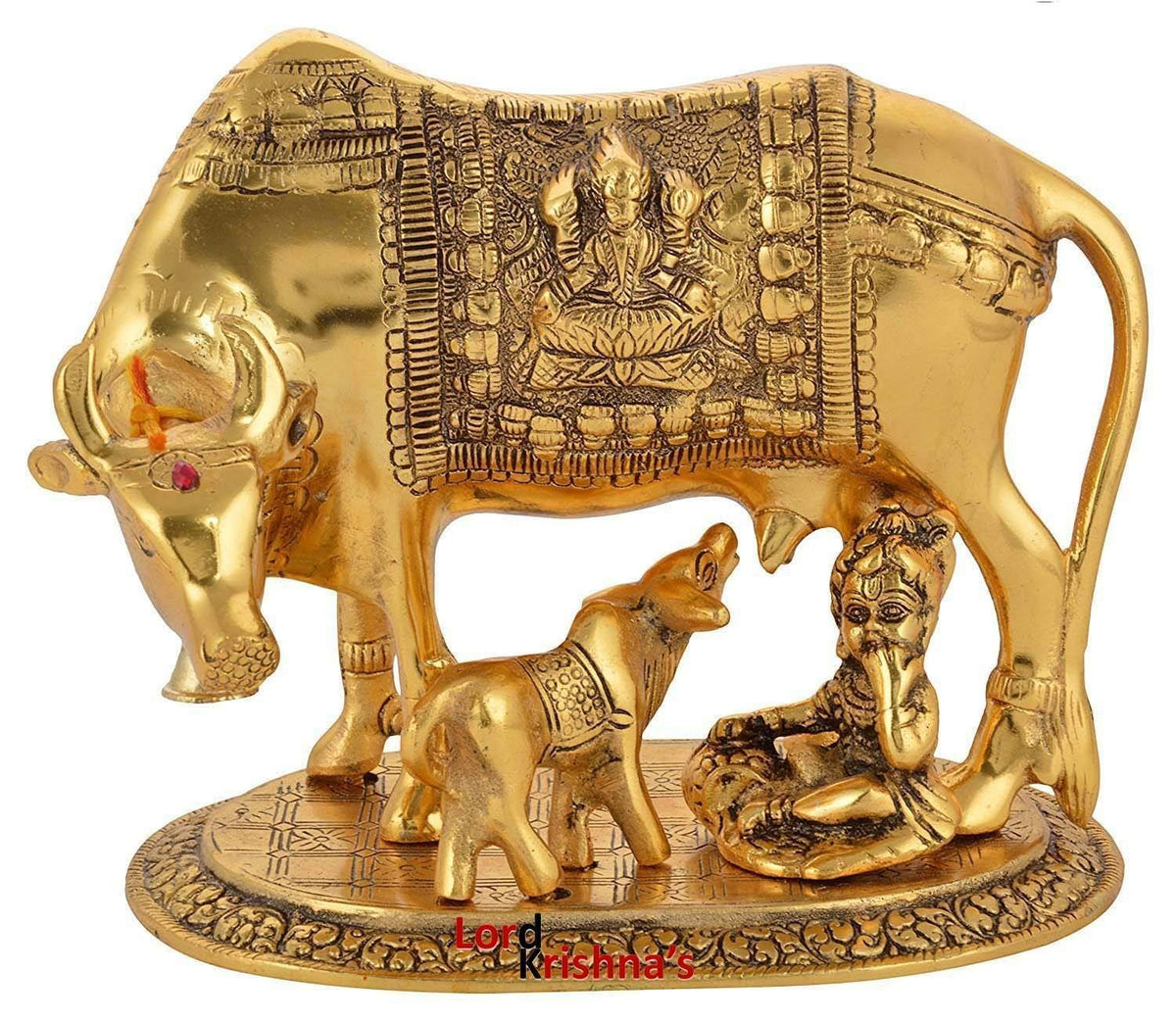 Polyresin Hand Painted Kamdhenu Cow with Calf God Figure Showpiece Decor (Golden, Small Size), 20L x 20W x 29H Centimeters