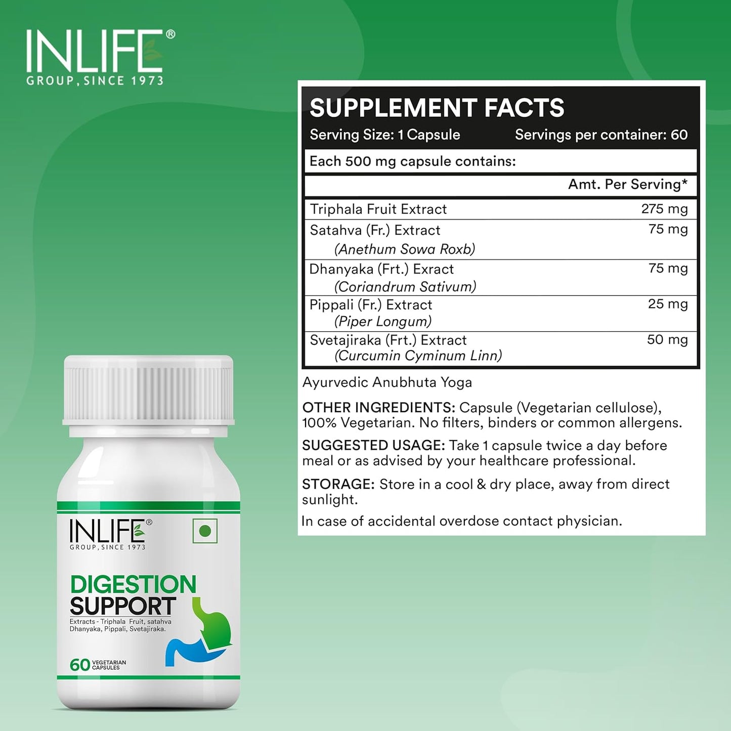 INLIFE Digestion Support Supplement | Triphala, Satahva, Dhanyaka, Pippali, Svetajiraka for Healthy Digestive Support | For Men and Women - 60 Vegetarian Capsules