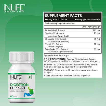 INLIFE Digestion Support Supplement | Triphala, Satahva, Dhanyaka, Pippali, Svetajiraka for Healthy Digestive Support | For Men and Women - 60 Vegetarian Capsules