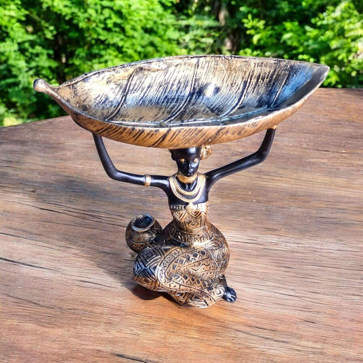 Polyresin African Lady Idol for Home Decor | Decorative Tribal Woman Holding Leaf Bowl Showpiece | Modern Art Table Accent | 20x15x23 cm | Regular Quality