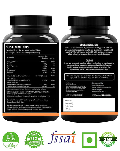 Nutrasium Vitamin D3 K2 Supplement | With Added B12 and DHA | Vitamin K2 MK7 To Support Strong Bone, Heart Health & Immunity | Veg D3 - Lichen - 120 Tablets