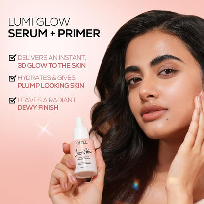 RENEE Lumi Glow Highlighting Primer + Serum | Hydrates, Promotes Even Skin Texture | Gives Luminous, 3D Glow | With Hyaluronic Acid, Peptides & Vitamin E | Base For Face Makeup | 30ml