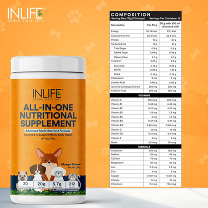 INLIFE Nutritional Meal Mix Powder for Dogs Cats and Pets, Protein Supplement with Advanced Multi-Nutrient Formula | Improves Growth and Development | Pet Supplement- 500g (Mango)
