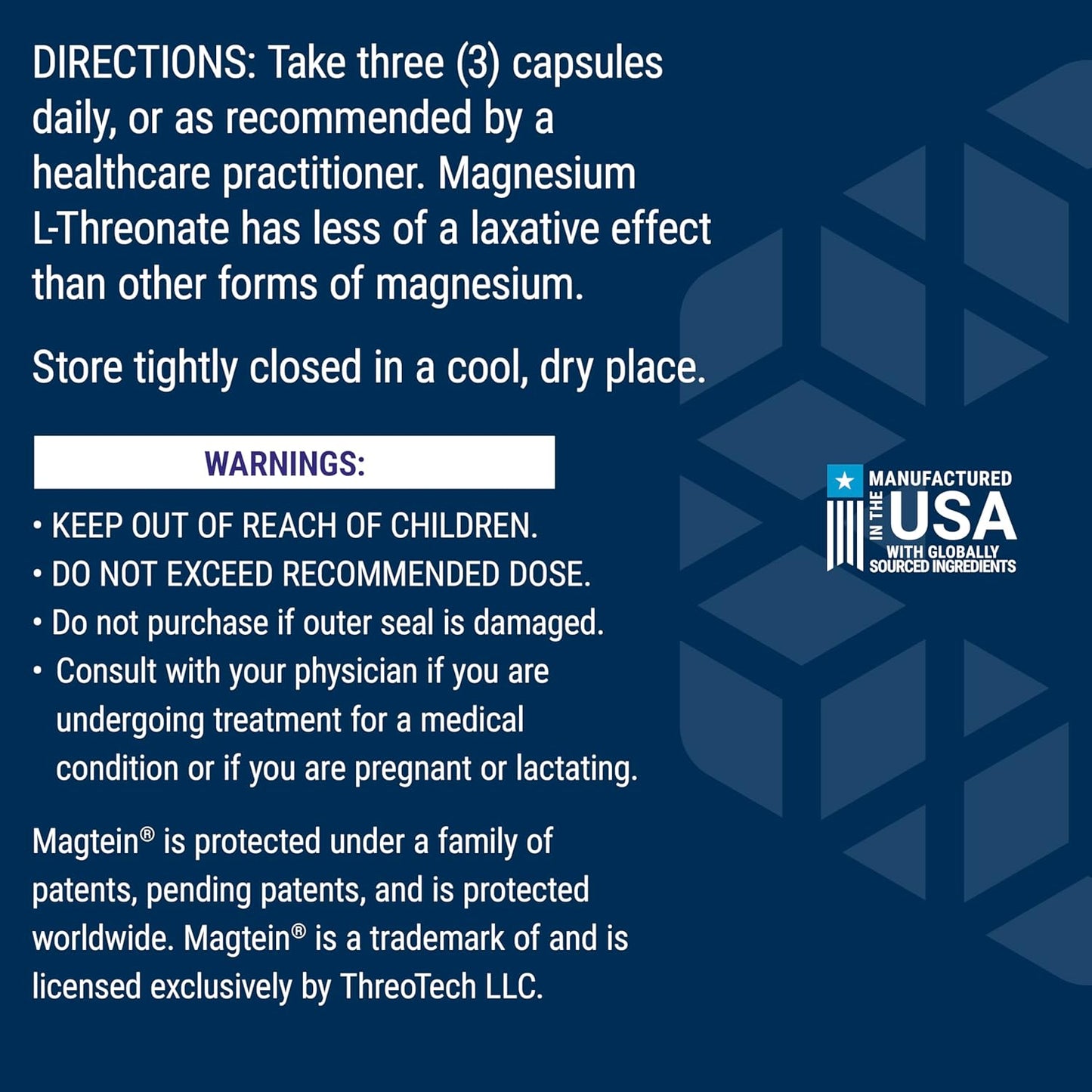 Product label with directions, warnings, and branding on a blue background