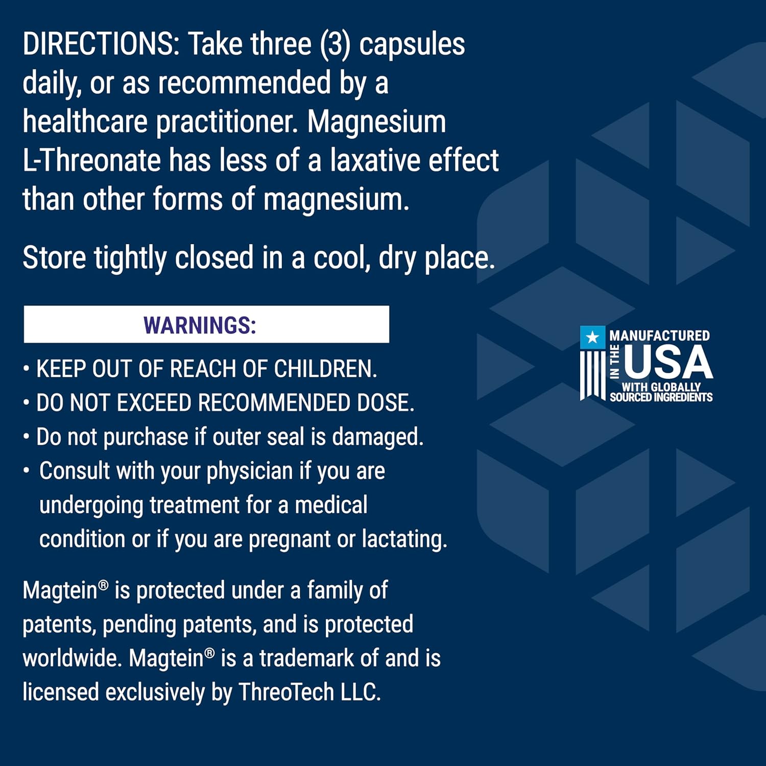 Product label with directions, warnings, and branding on a blue background