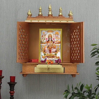 Lakshmi With Ganesha and Saraswati Photo Painting with Golden Frame for Temple - (14 x 12 Inches)