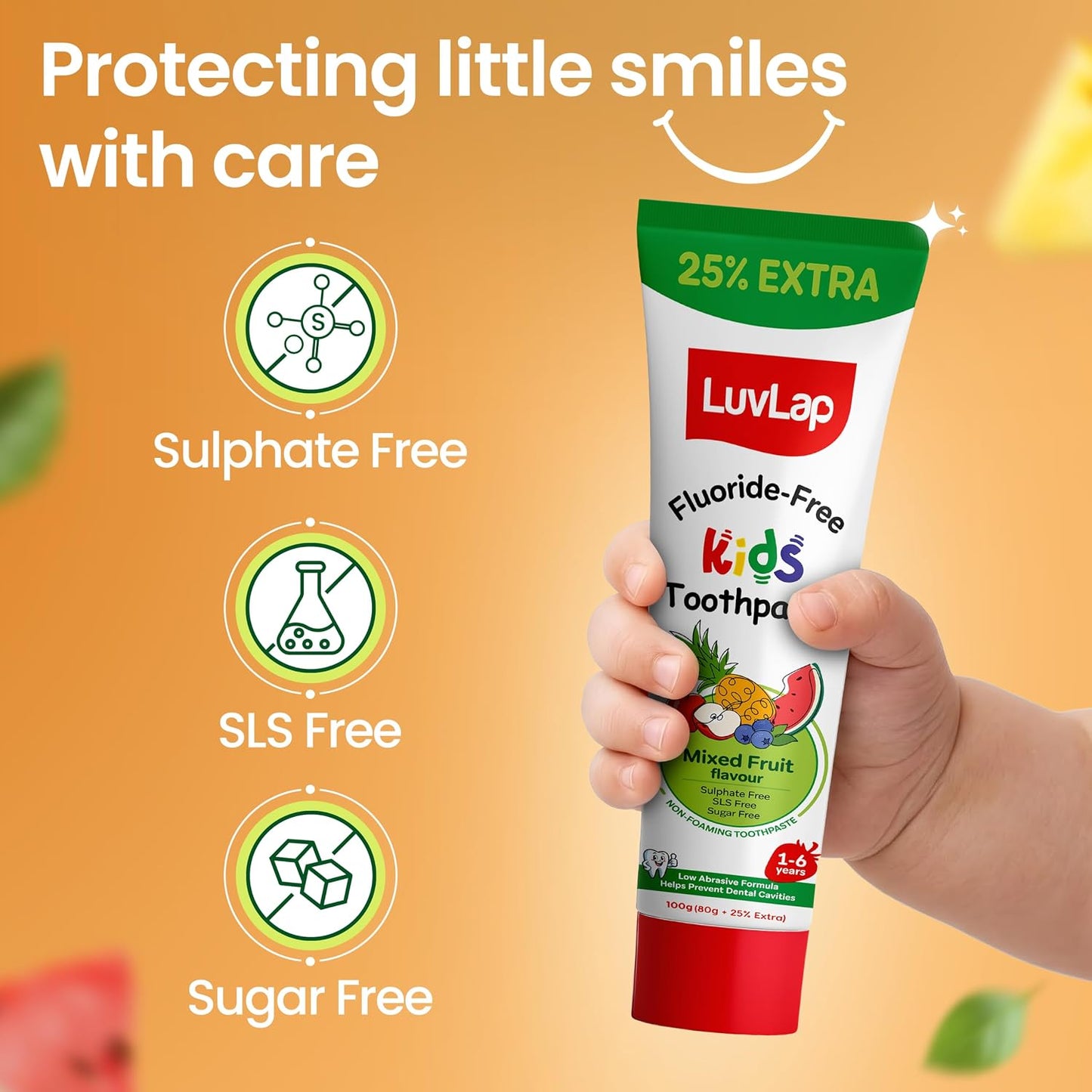 LuvLap Baby Toothpaste for Kids 80gm + 25% Extra, Mix Fruit Flavour, SLS & Fluoride Free Baby Toothpaste, Removes Plaque, Prevents Bacteria & Cavities, Ensures Healthy Teeth & Gums, 12M+(Pack of 1)