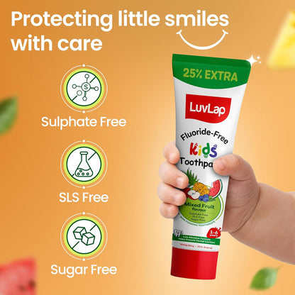 LuvLap Baby Toothpaste for Kids 80gm + 25% Extra, Mix Fruit Flavour, SLS & Fluoride Free Baby Toothpaste, Removes Plaque, Prevents Bacteria & Cavities, Ensures Healthy Teeth & Gums, 12M+(Pack of 1)