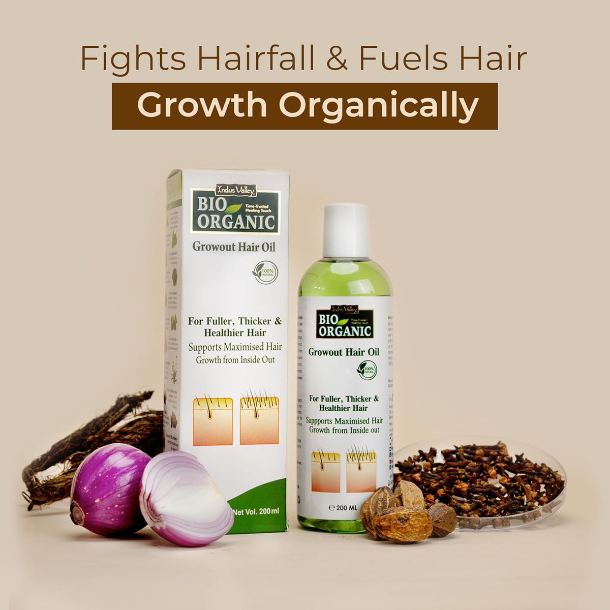 Bio Organic Growout Hair Oil with packaging and ingredients on a beige background