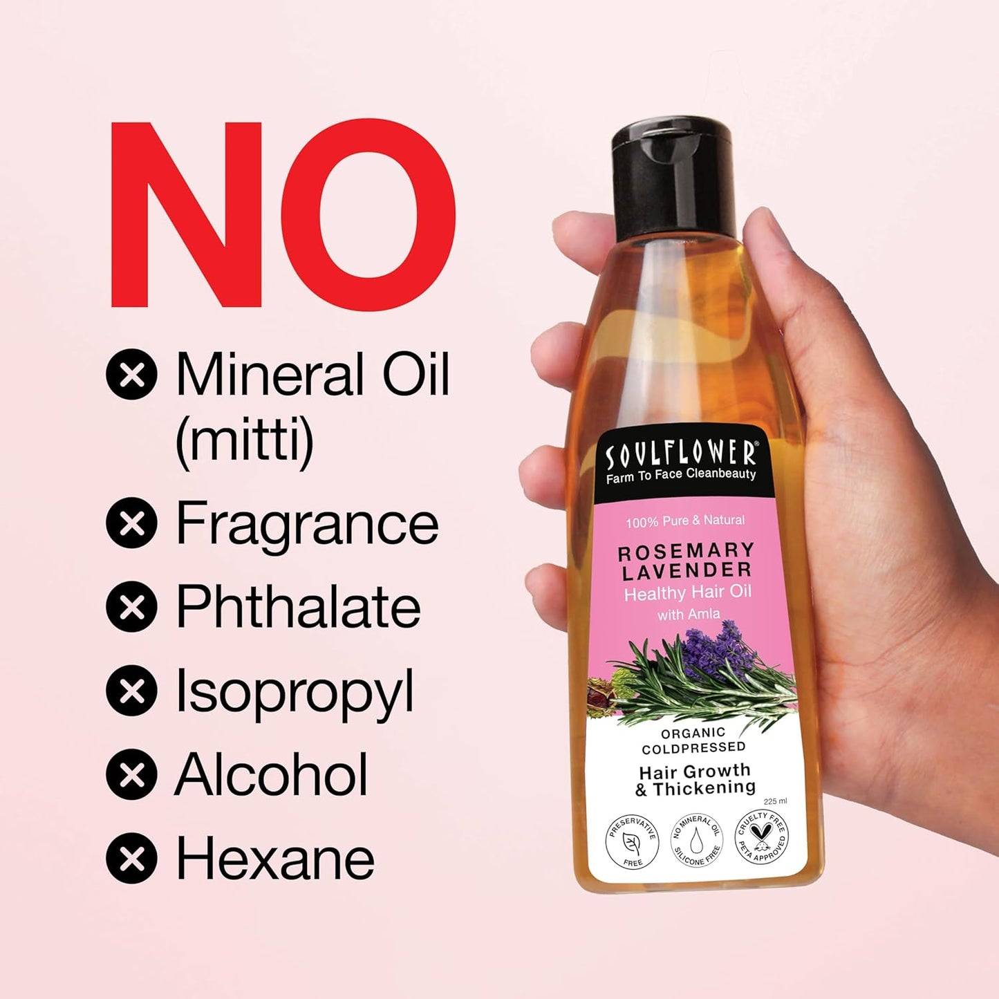 Soulflower Rosemary Hair Growth Oil, Hair Fall Control, Healthy Scalp, Strong Hair, Rosemary, Lavender, Castor|100% Pure, Natural, Organic, Clinically Proven for Hair Growth, 225ml