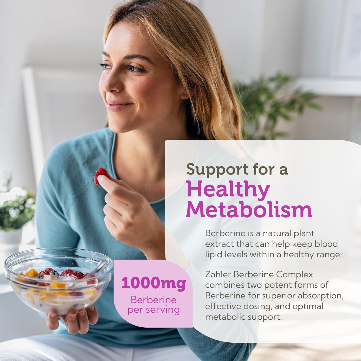 Woman eating a bowl of fruit with text about Berberine support for a healthy metabolism.