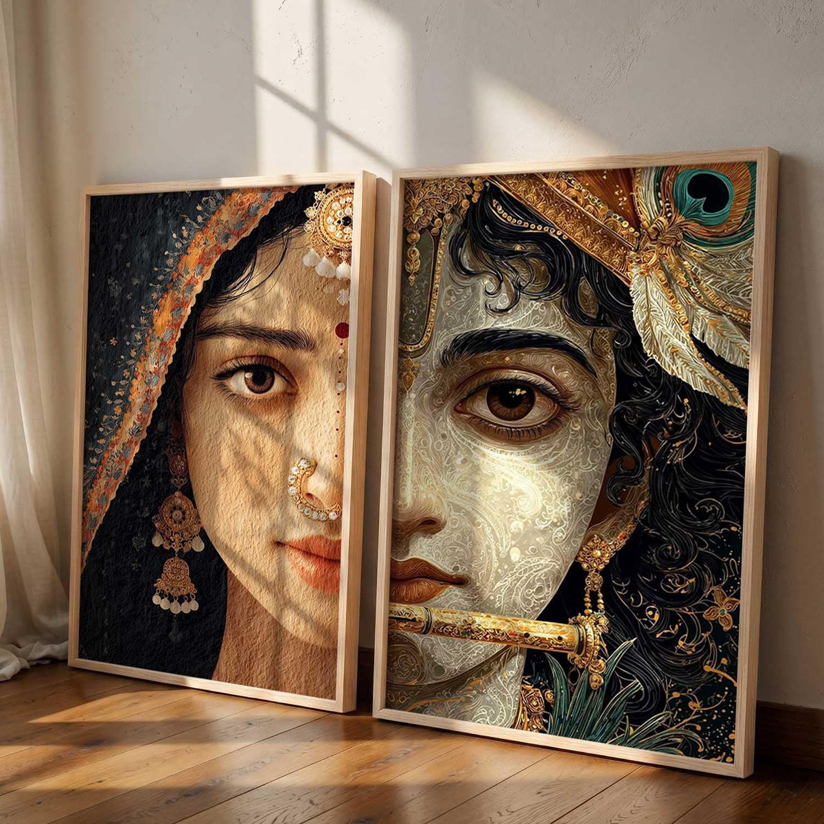 Set of 2 Framed Wall Art Prints, Premium HD Modern Wall Decor for Living Room, Bedroom, Office & Home, Abstract, Spiritual, Floral, Nature, Botanical & Boho Artwork, Ready to Hang (Radha krishna 1, 13X19, Brown)