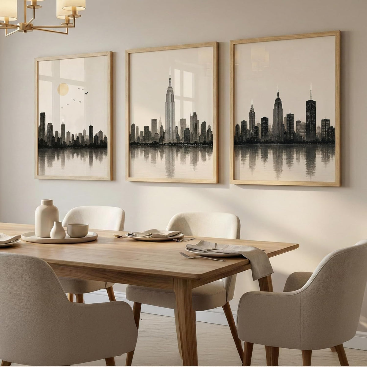 Set of 3 Modern City Skyline Wall Art Paintings for Living Room | Minimalist Urban Cityscape Wall Decor | Neutral Beige Framed Wall Paintings for Bedroom, Office, Hall & Home Decoration (13x19 Inches)