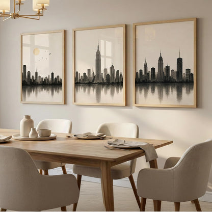 Set of 3 Modern City Skyline Wall Art Paintings for Living Room | Minimalist Urban Cityscape Wall Decor | Neutral Beige Framed Wall Paintings for Bedroom, Office, Hall & Home Decoration (13x19 Inches)