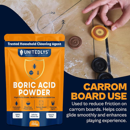 Unitedlys 200g Boric Acid Powder for Cockroaches Control | Multi Purpose Cleaner Powder for Household Cleaning, Carrom Board Use & Rice Storage Protection | Effective & Safe Stain Remover for Kitchen
