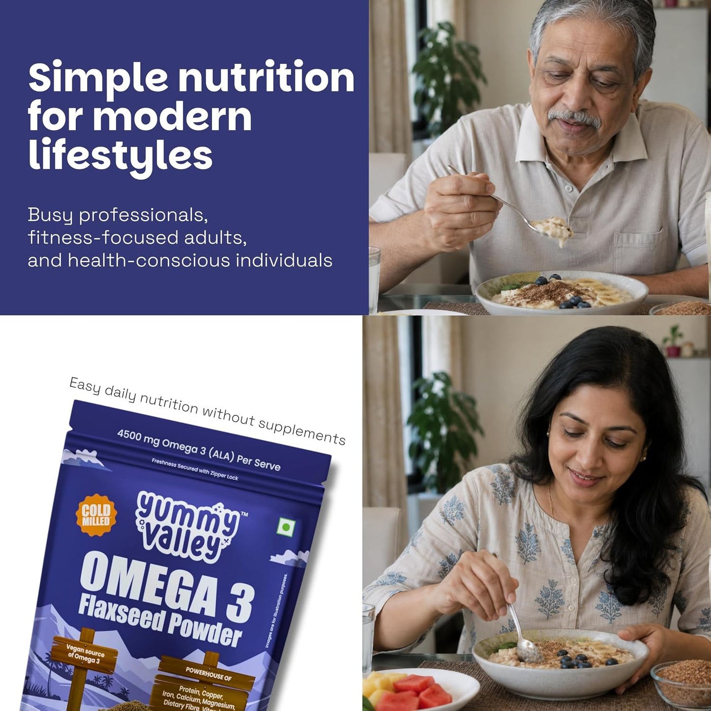 Yummy Valley Omega 3 Flaxseed Powder, 230g | Cold Milled Rich | 4.5g ALA per Serve | High Protein High Fibre | Vegan Plant Based Superfood | Gluten Free | Daily Wellness Nutrition for Women & Men