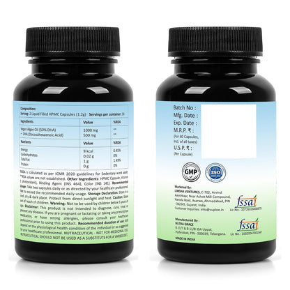 Suplee Plant Based Omega 3 Algae Oil 1000mg with 500mg DHA | 60 Capsules