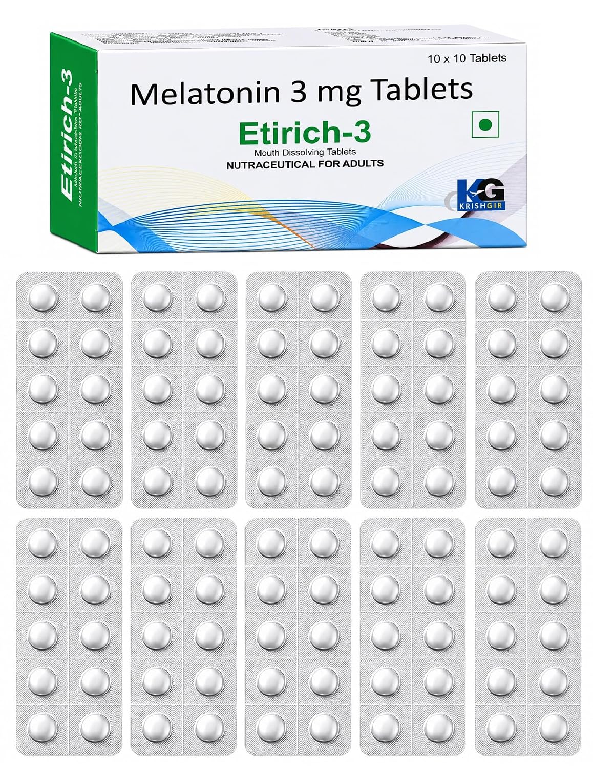 Etirich-3 Melatonin 3 mg Mouth Dissolving Chewable Tablet (100 Tablets) Deep Sleep Support, Non Habit Forming, Helps Regulate Sleep-Wake-Cycle, Sleeping Aid Nutrition Supplement, Vanilla flavoured