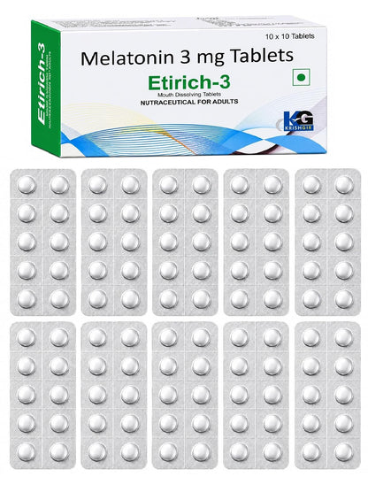 Etirich-3 Melatonin 3 mg Mouth Dissolving Chewable Tablet (100 Tablets) Deep Sleep Support, Non Habit Forming, Helps Regulate Sleep-Wake-Cycle, Sleeping Aid Nutrition Supplement, Vanilla flavoured