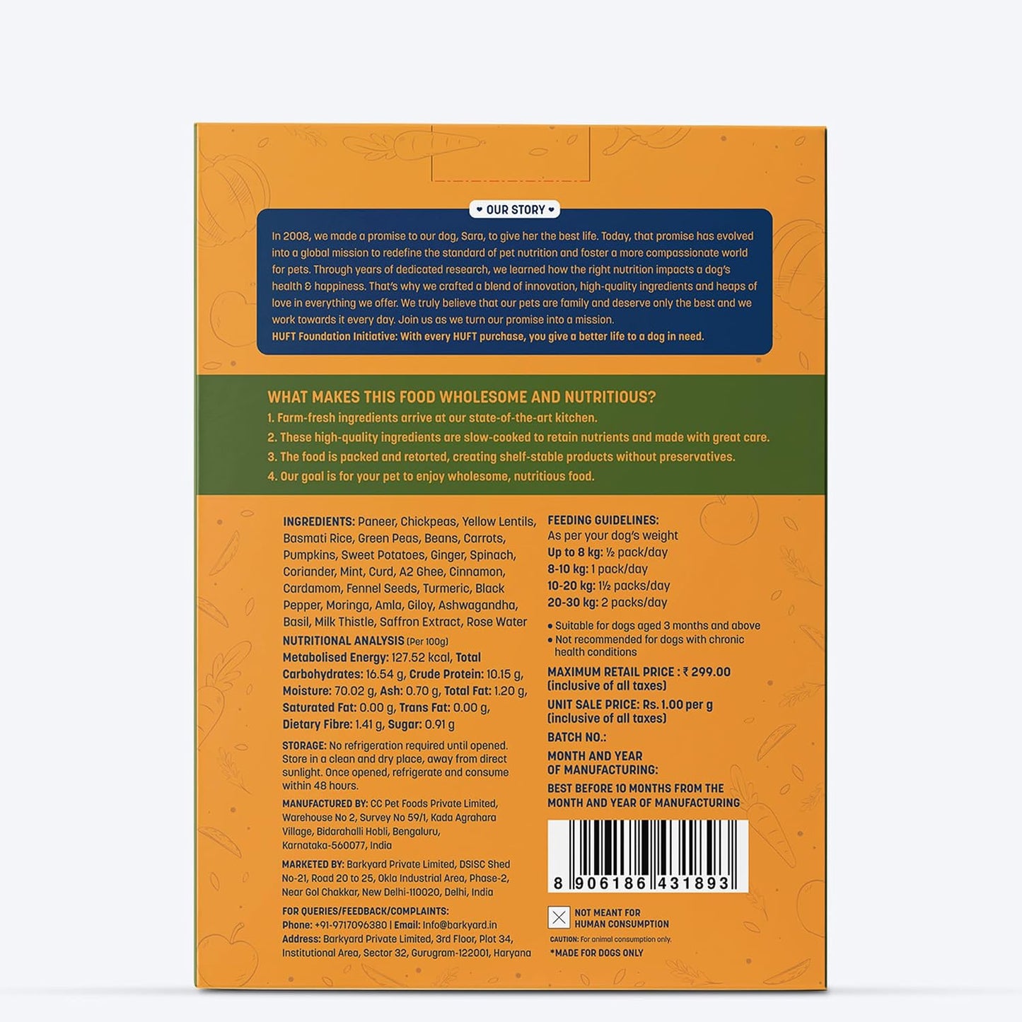 Sara's Wholesome by HUFT Vegetable Biryani Wet Dog Food – 300 gm | Human-Grade Ingredients | High-Protein Veg Meal | Natural & Preservative-Free | Suitable for Puppies & Adult Dogs
