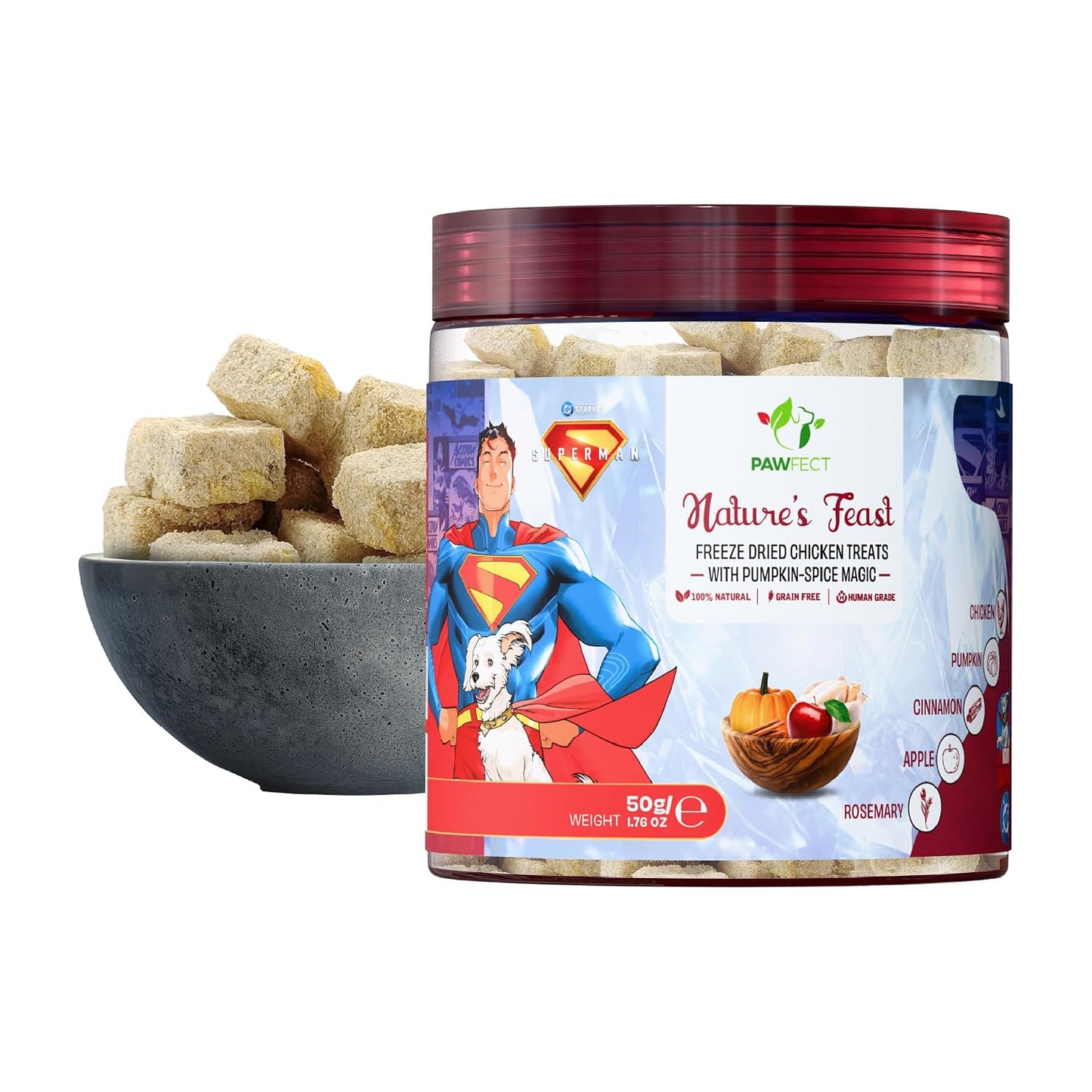 Pawfect Nature's Feast Pumpkin Spice Magic Freeze-Dried Chicken Treats for Dogs | Superman Edition | 80% Chicken, 20% Pumpkin Spice | Hypoallergenic | Grain-Free | Supports Digestion (50g/1.76oz)