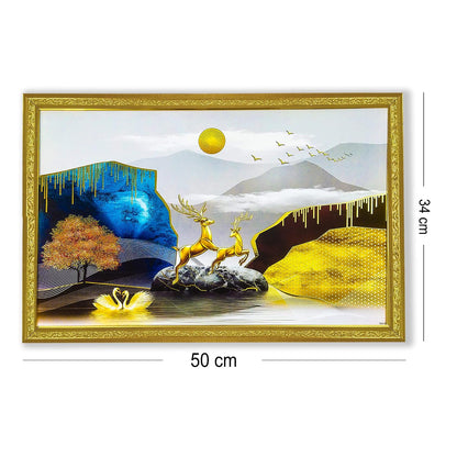Abstract art Framed Golden Foil 3D Style Landscape Painting | Ready to Hang (14 x 20 inches, Multicolor)