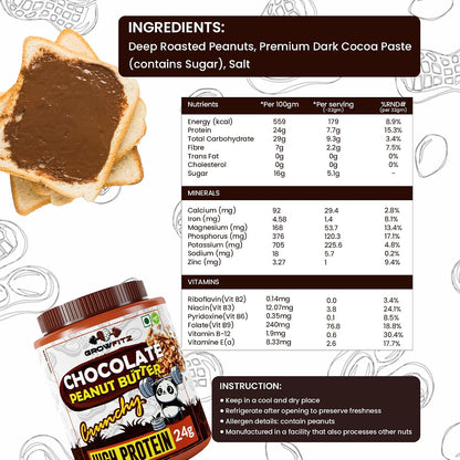 Growfitz Peanut Butter Chocolate Crunchy 800g | 24g High Protein Peanut Butter | 7g Fiber | Tasty & Healthy Nut Butter Spread for Breakfast & Snacks | Roasted Peanuts | Zero Sugar (Pack of 1)