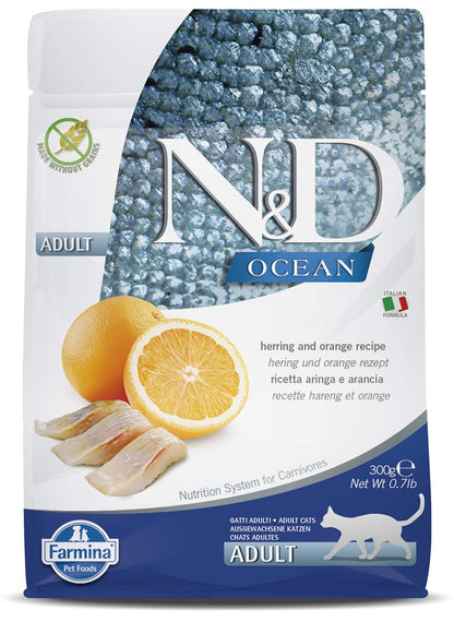 Farmina N&D Ocean Herring & Orange Cat Food | Premium Dry Food | Low Glycemic Index | Complete & Balanced Nutrition | Fresh Ingredients for Delicious Taste | for Adult Cats | 0.3kg