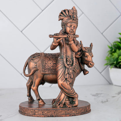 Krishna Cow Idol Statue Showpiece for Pooja Home Decor Items for Living Room and Gifts (Antique Copper)