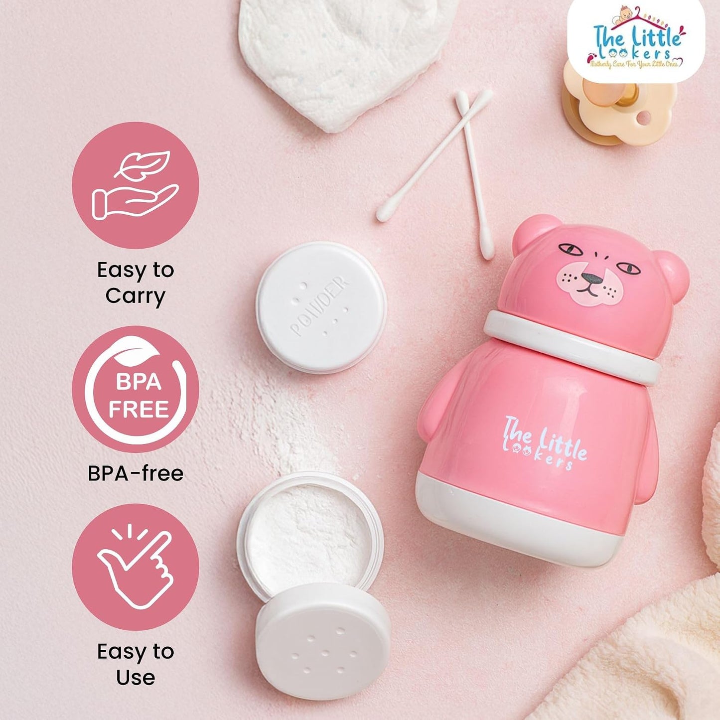 THE LITTLE LOOKERS Portable Baby Skin Care Baby Powder Puff With Box Holder Container For New Born & Kids For Baby Face & Body (Pink-White)