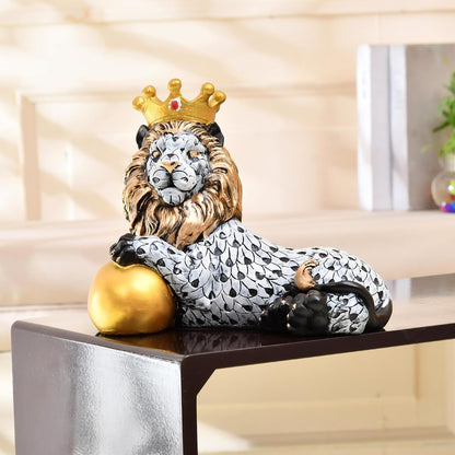 Royal Lion Figurine with Gold Crown | Handcrafted Artistic Decor | Elegant Home Accent with Golden Sphere |Black and White Scale Design