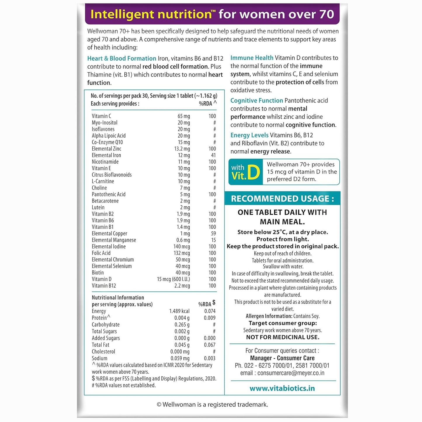 WELLWOMAN 70+ Multivitamins For Women Over Age 70 With Biotin,Isoflavones,Zinc,Vitamind To Support Physical & Mental Health,Improve Cognitive Function & Energy Levels Vegetarian,1 count,30 capsules