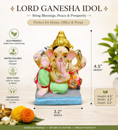 100% Eco-Friendly Clay Ganesh Idol Ganesh Ji Murti for Visarjan 4.5 Inches | Shadu Mati Ganesh Murti | Clay Ganpati Idol for Home | Ganpati for Ganesh Chaturthi | Home Decor