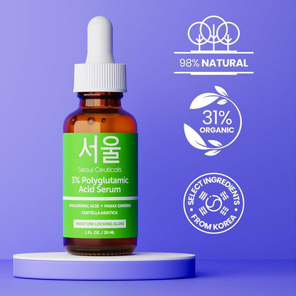 SeoulCeuticals Organic Polyglutamic Acid Korean Serum - 30ml Anti Aging Serum with Hyaluronic Acid + Centella Asiatica - K Beauty Skincare for Healthy Glowing Skin