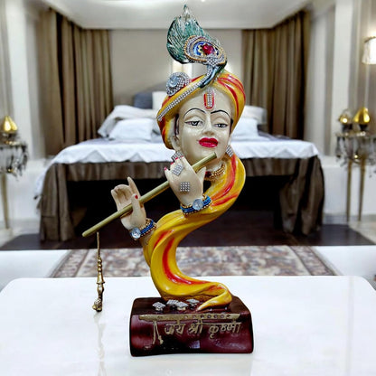 Decorative Krishna Statue with Flute, Resin and Marble, 34.5 cm Height, Religious Home Decor Krishna Showpiece for Home Decor Living Room