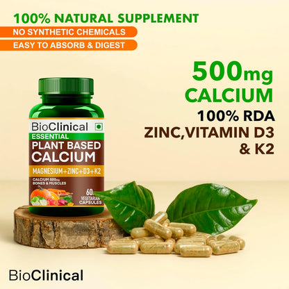 BioClinical 500mg Plant Calcium Magnesium Zinc Vitamin D3 + K2 for Joint Support & Bone Health -100% Plant Based Supplement -Made with Natural Ayurvedic Herbs & Plant Extracts - 60 Veg Capsules