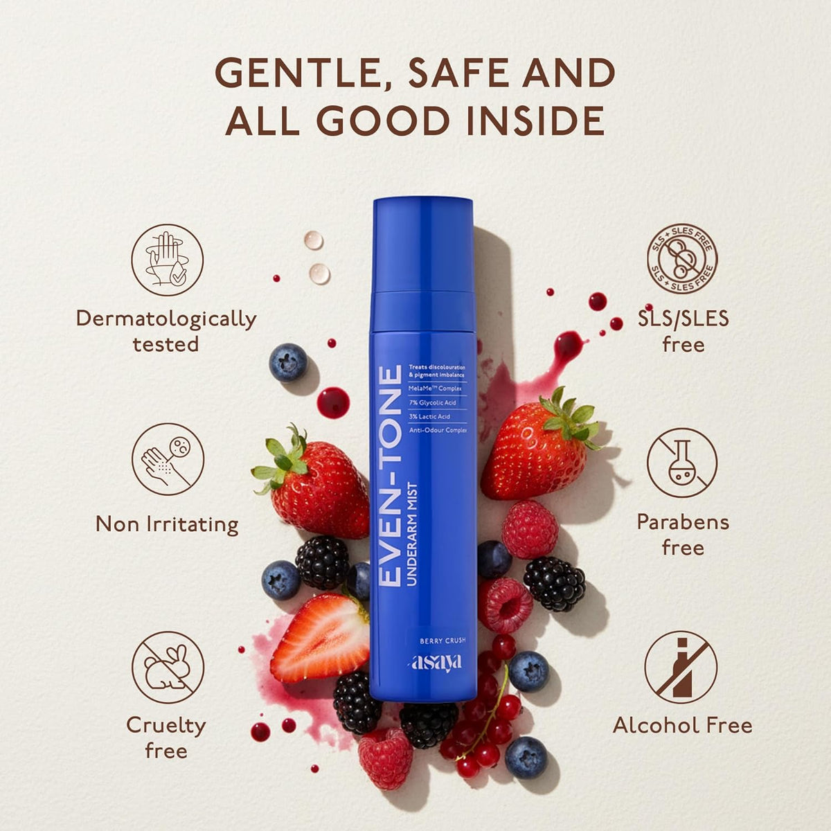 Blue bottle labeled 'Even-Tone' surrounded by strawberries and berries with safety and ingredient information icons.