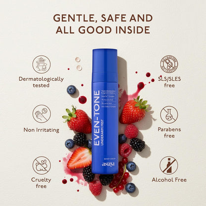 Blue bottle labeled 'Even-Tone' surrounded by strawberries and berries with safety and ingredient information icons.