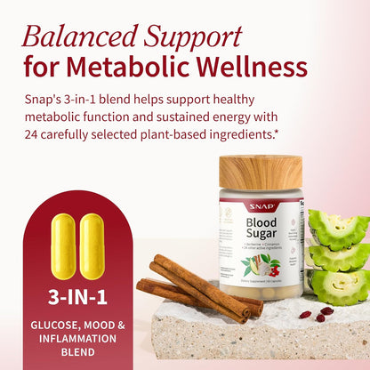 Supplement bottle labeled 'Blood Sugar' with ingredients and text about balanced support for metabolic wellness.