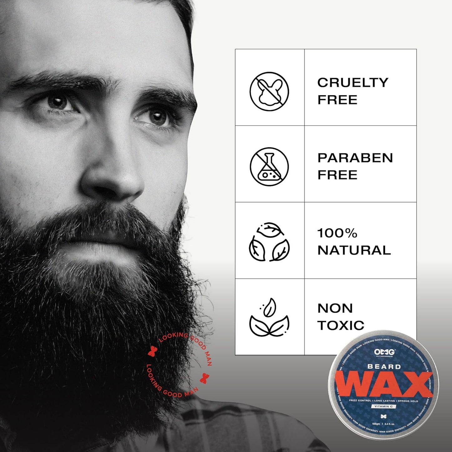 Bearded man with a product label and icons indicating cruelty-free, paraben-free, 100% natural, and non-toxic properties.