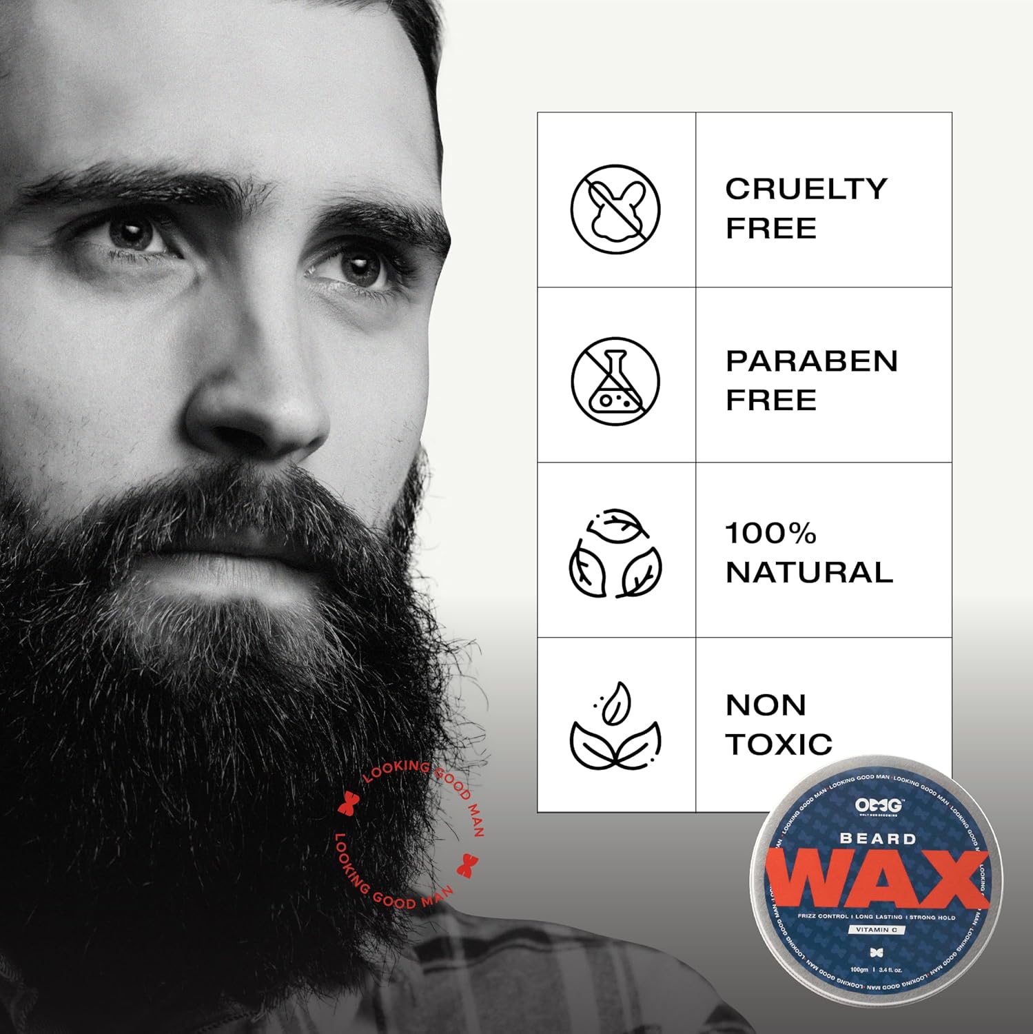 Bearded man with a product label and icons indicating cruelty-free, paraben-free, 100% natural, and non-toxic properties.