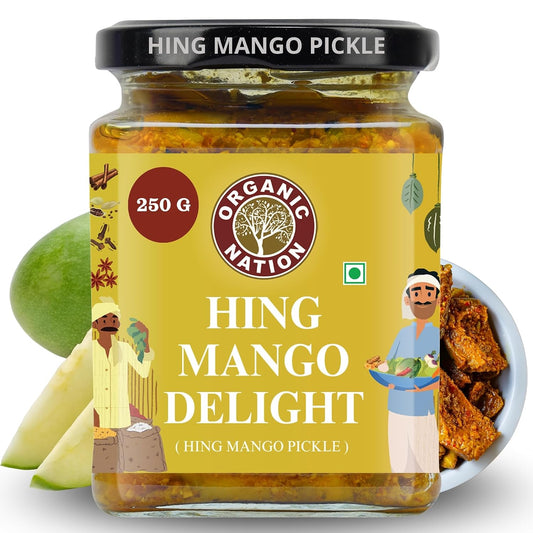 ORGANIC NATION Delicious Hing Ka Aam Pickle, No Preservatives, Aam Ka Achar, Homemade Mango Pickle, 250g Jar, Natural Ingredients, Traditional Recipe, Perfectly Spiced, Vibrant Yellow