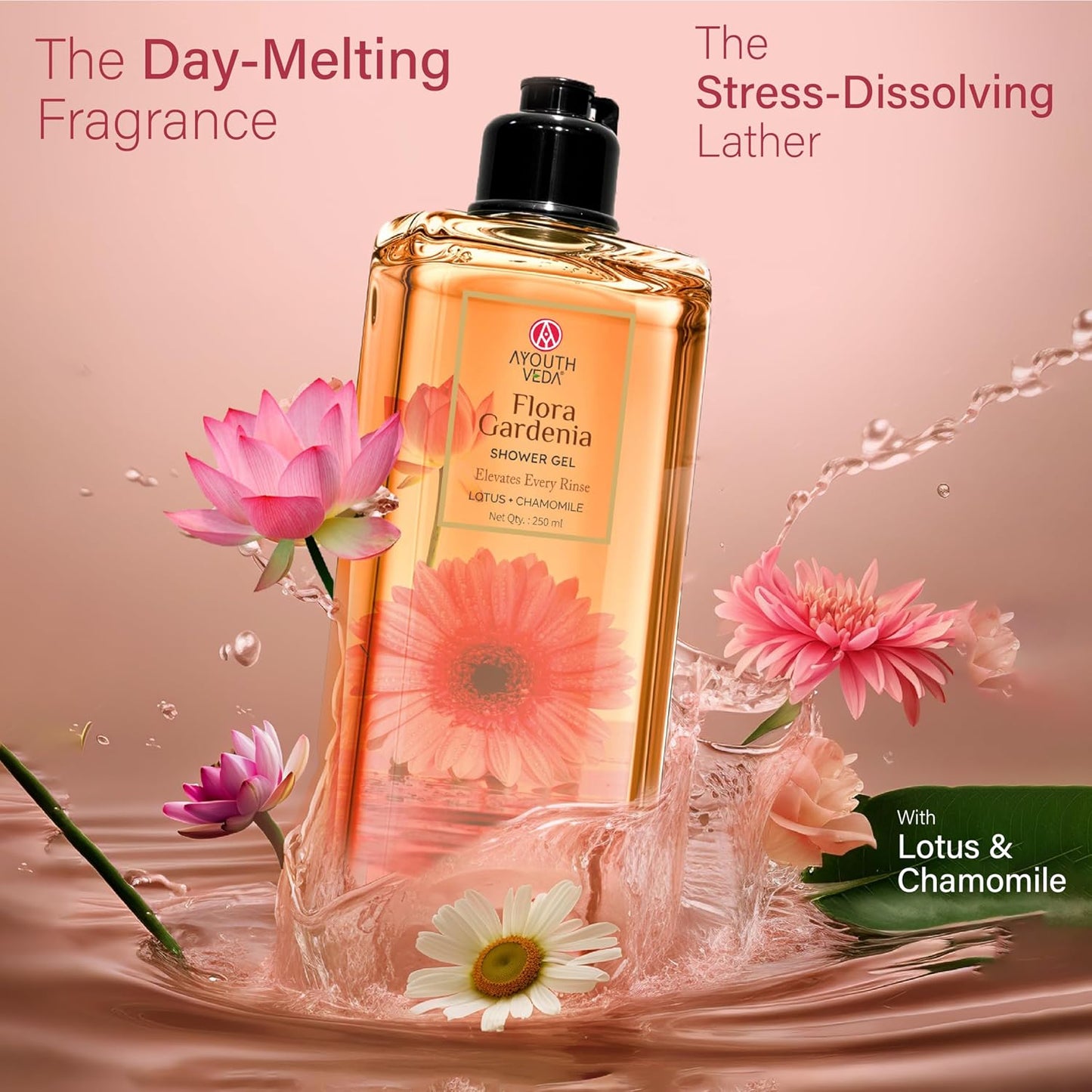 Ayouthveda Flora Gardenia Shower Gel, Natural & Ayurvedic Body Wash, Refreshing & Hydrating, Calms and soothes, Gently cleanses, Delivers velvety soft skin, For Men & Women 250ml