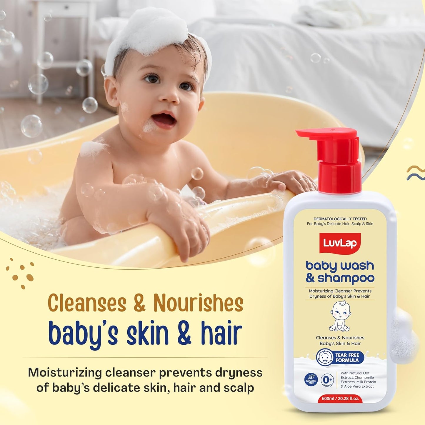 LuvLap Baby Wash & Shampoo -600ml, Milky Soft Head to Toe Wash With Oatmeal & Shea Butter, Paraben Free, Tear Free, Rich Moisturised Skin & Soft Hair, 2 in 1 Baby Body Wash, Dermatologically Tested