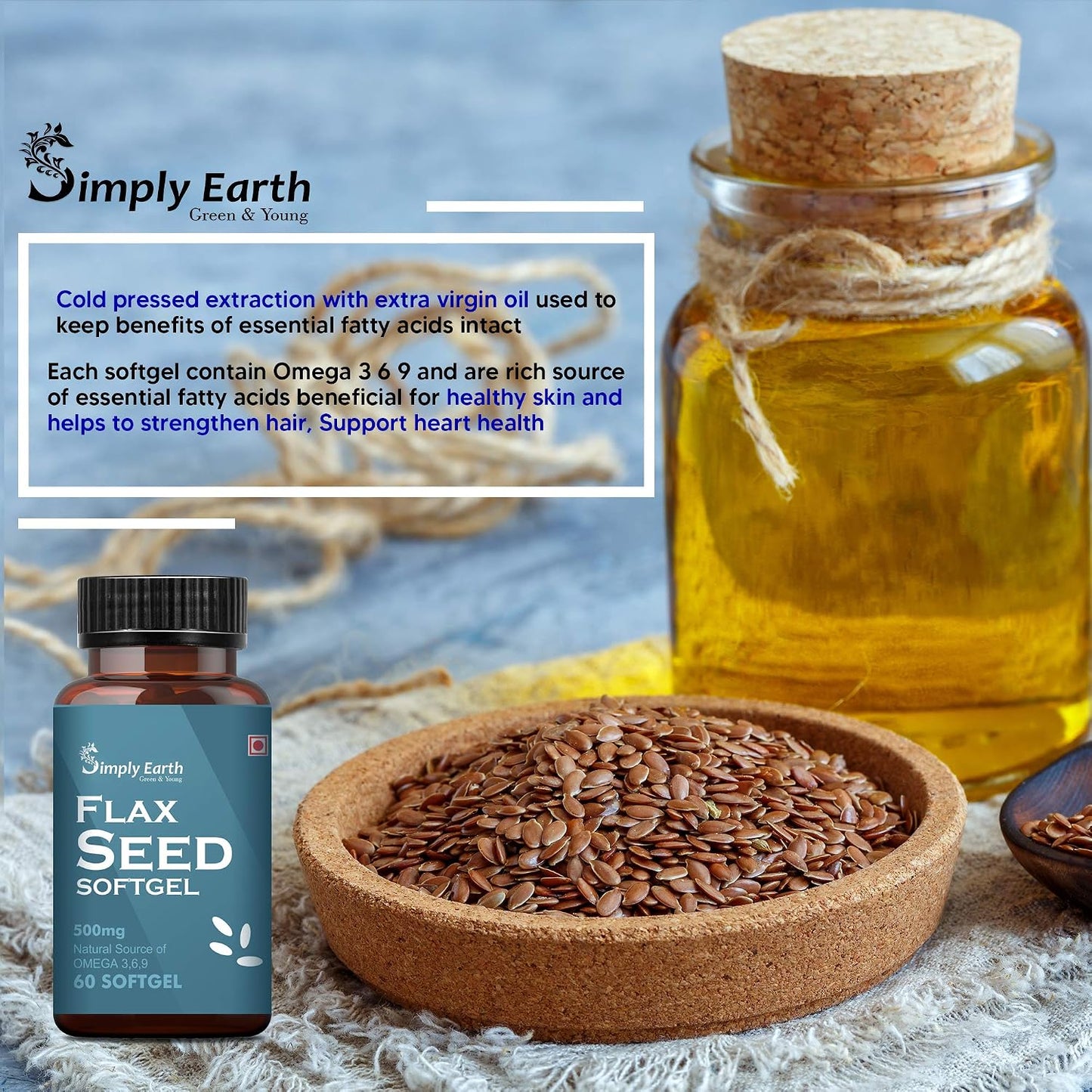 Simply earth Cold Pressed Flax seeds oil Omega with extra Virgin oil, Linolenic Acid, Oleric Acid | Natural Form of omega 369-60 Softgels (Fish Oil + Multivitamin) (Flax Seed + Multivitamin)