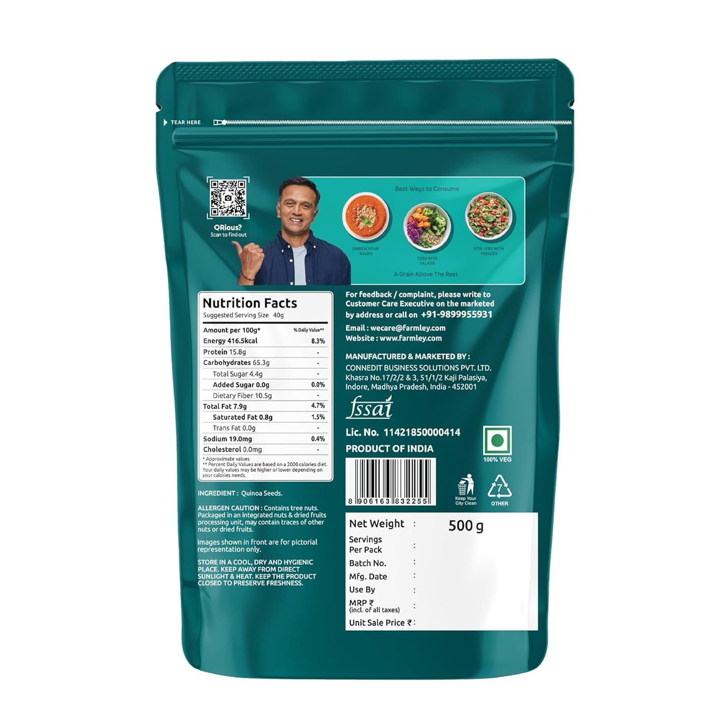 Farmley Natural Quinoa 500 g | Gluten Free | Ready To Cook | High Fibre & Protein Content Quinoa Seeds (Pack of 1)