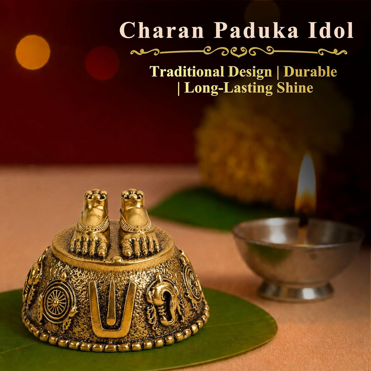 1.5 Inch Pure Brass Charan Paduka Idol | Decorative Vishnu Charan for Home Temple, Mandir, Office Desk & Puja Room | Spiritual Showpiece, Festive Gift & Religious Home Decor